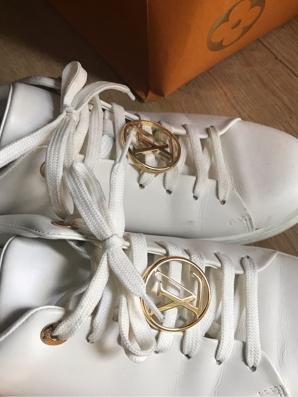 Louis Vuitton White Leather Sneakers with Gold LV Medallions - Picture 9 of 9